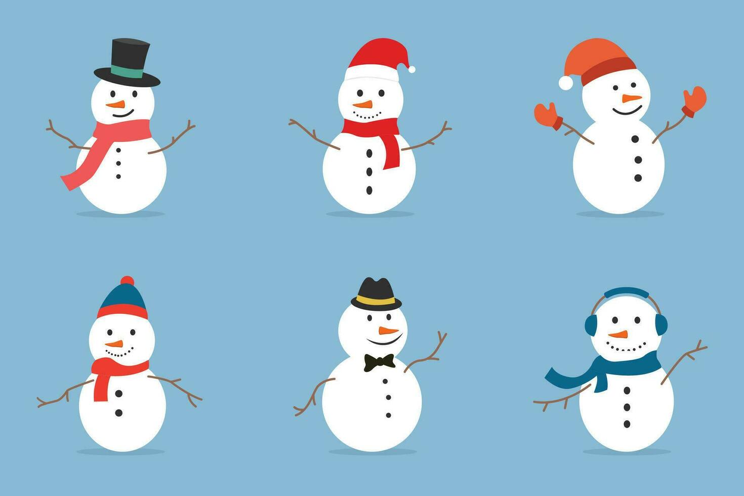 Flat Cheerful Snowman set in different costumes. Winter, Christmas, and New Year design elements vector