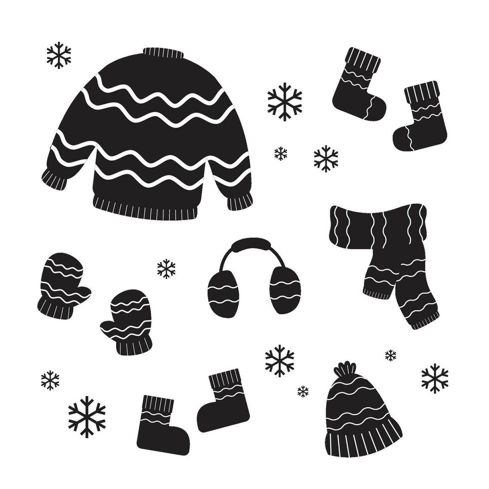 conjunto de negro invierno ropa y frío clima accesorios. negro sombreros, bufandas, mitones, y medias. vector