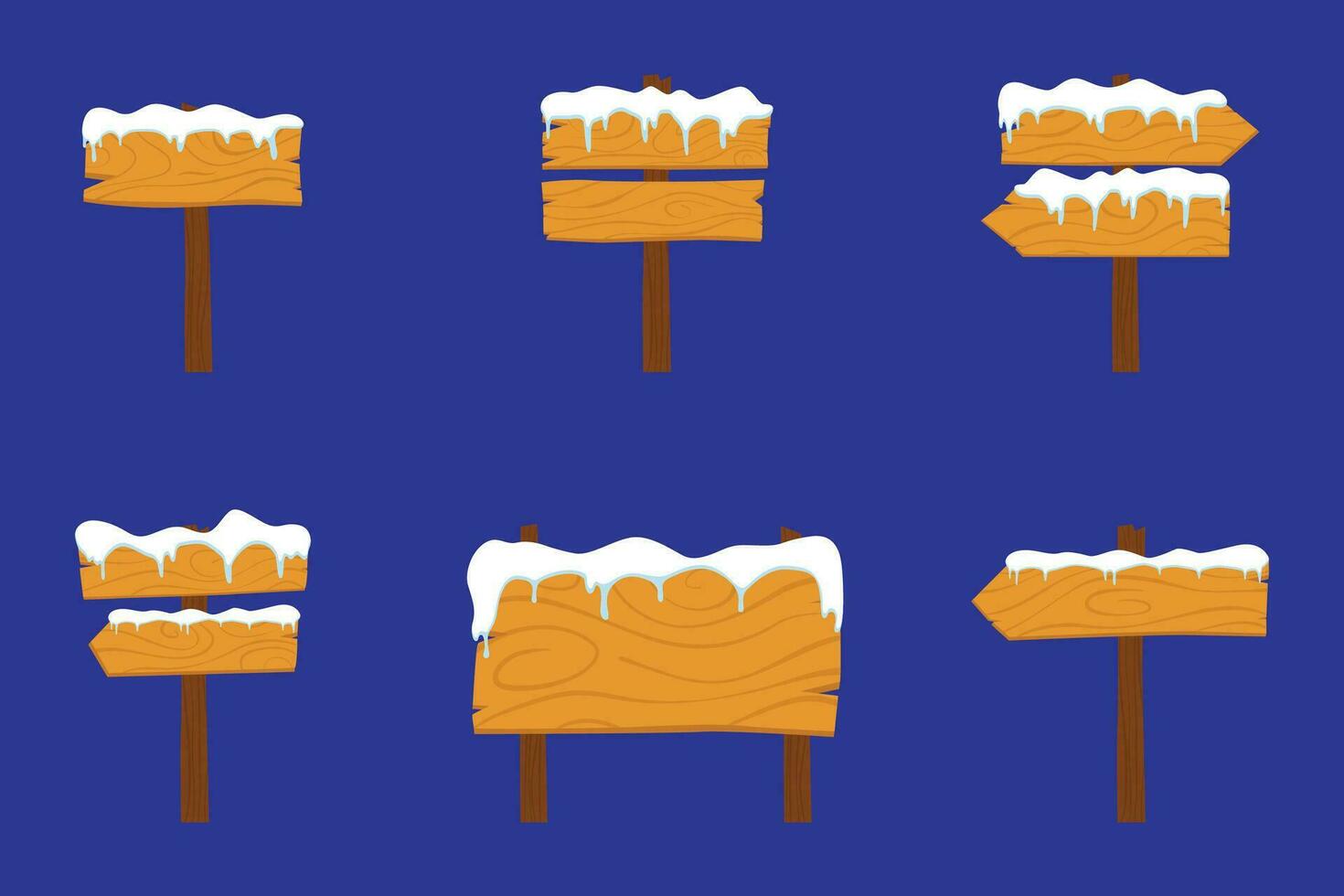 Set wooden signboard with snow in flat design. road direction signboards and arrow pointers, guideposts and billboard poles with snow caps, ice and icicles vector