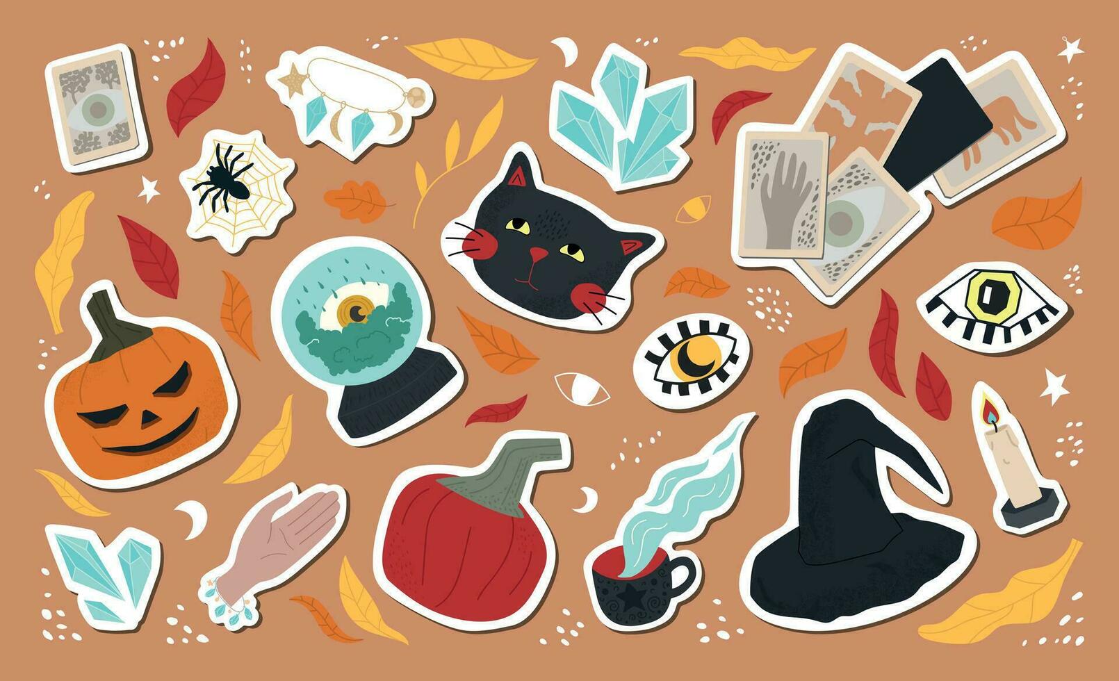 big set of cute Halloween stickers - black cat, eyes, witch hat, pumpkins, spiders, fortune telling ball, cards, crystals, autumn leaves. flat illustration. for a postcard, poster or any design. vector