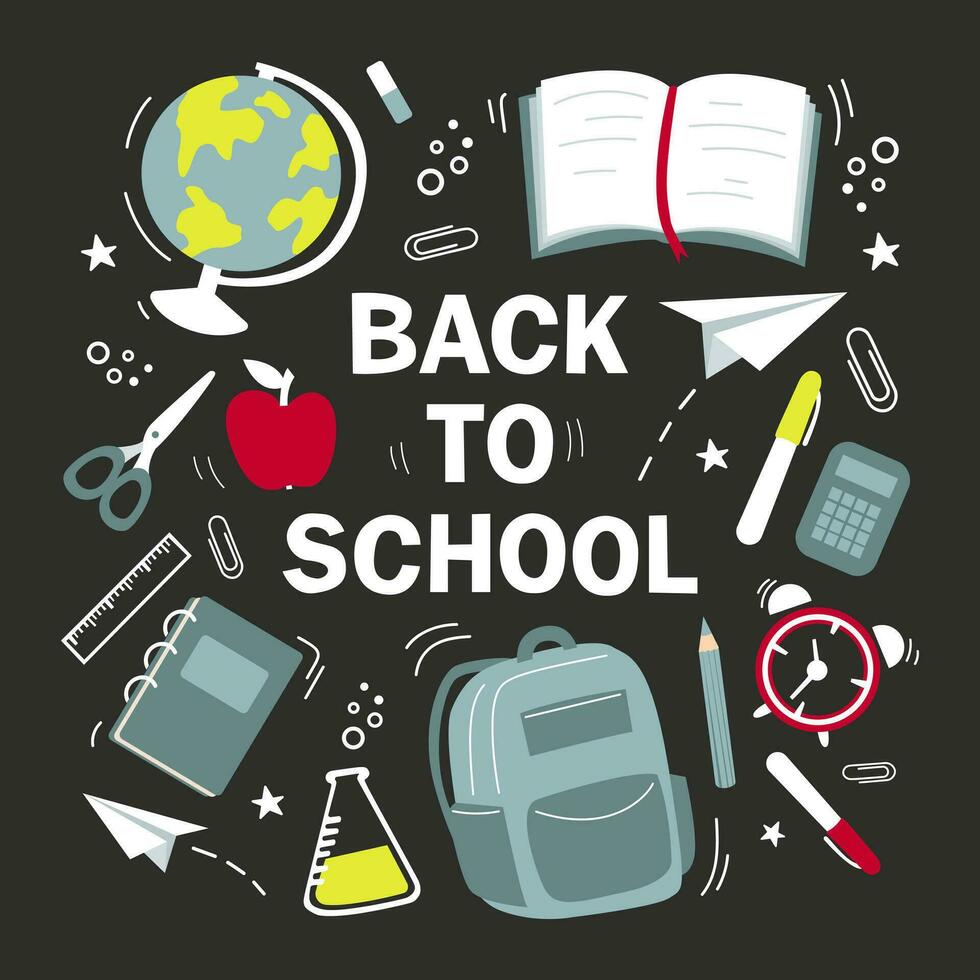 Big set of school elements - globe, paper clips, backpack, paper planes, pens, books, notebooks. Lettering Back to school. Baby vector illustration.