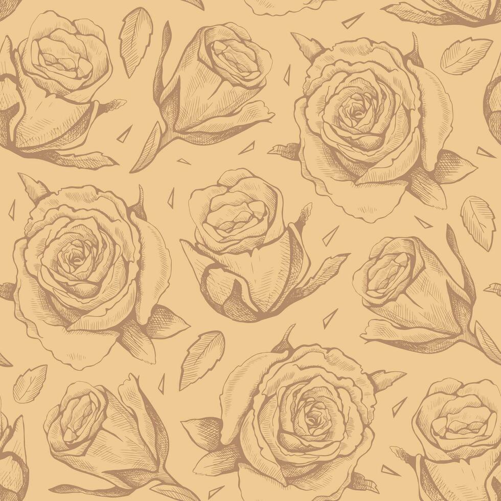 Yellow seamless vector pattern of hand drawn roses. Illustration for wrapping paper, fabric, wallpaper.