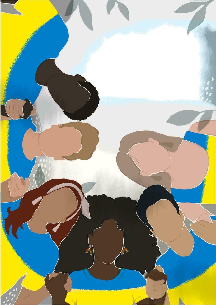 Multiethnic group of people holding hands on the background of the Ukrainian flag. Modern illustration. Stand with Ukraine. vector