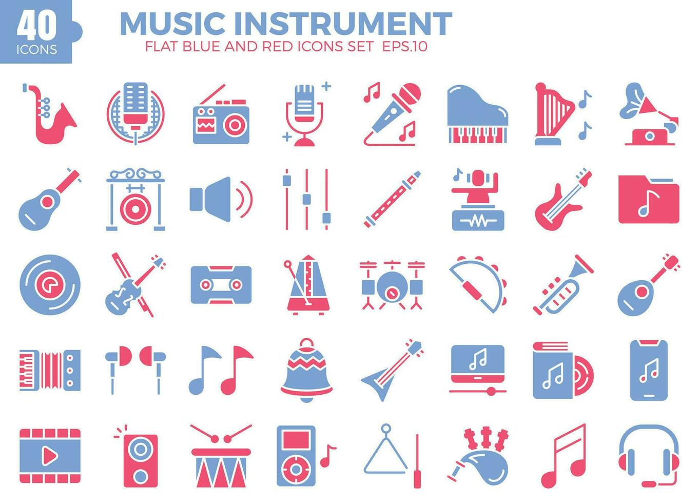 Music Instrument flat two color icons set. The collection includes web design, application design, UI design. vector