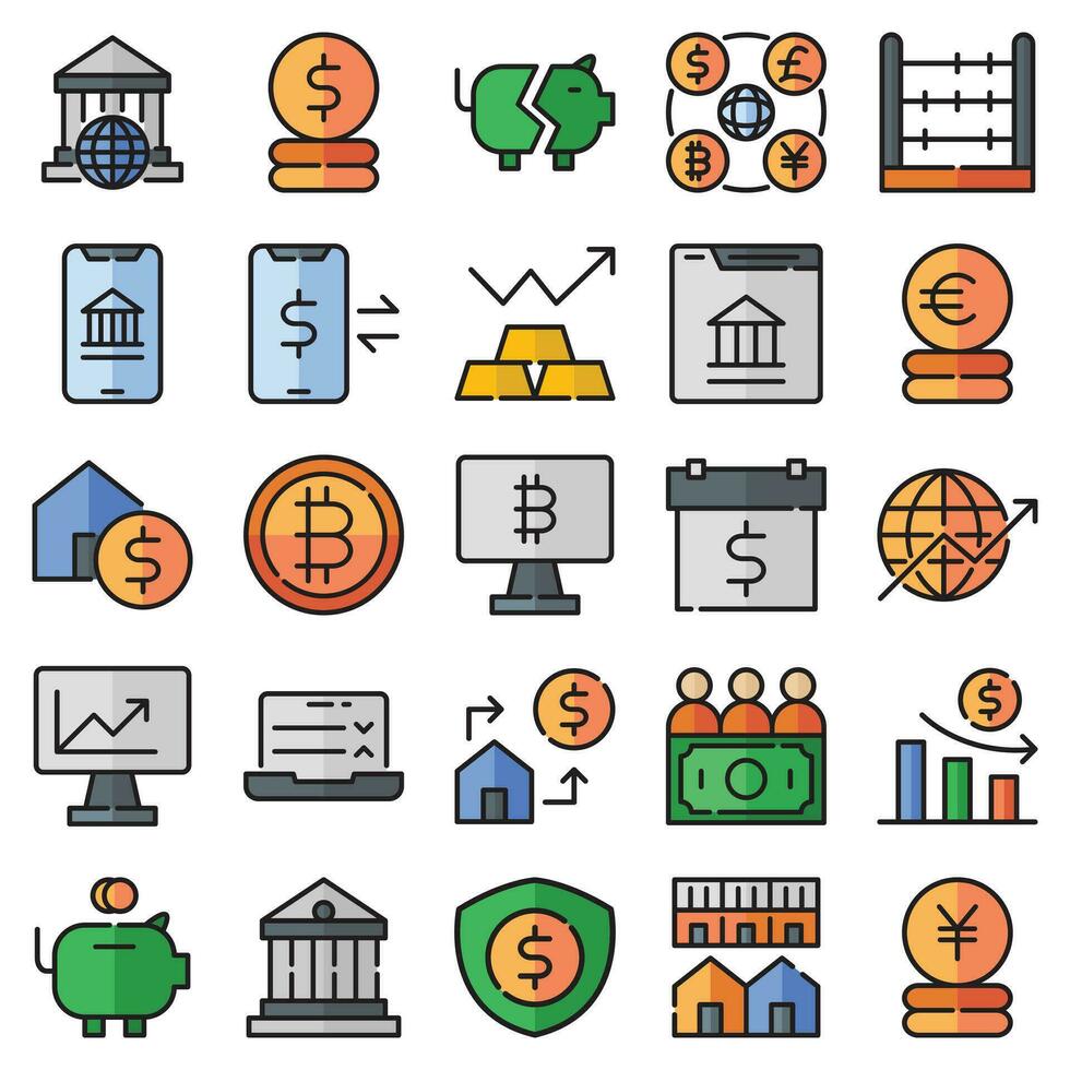 economy filled outline icons set. The collection includes for mobile app,web design, UI or site design vector