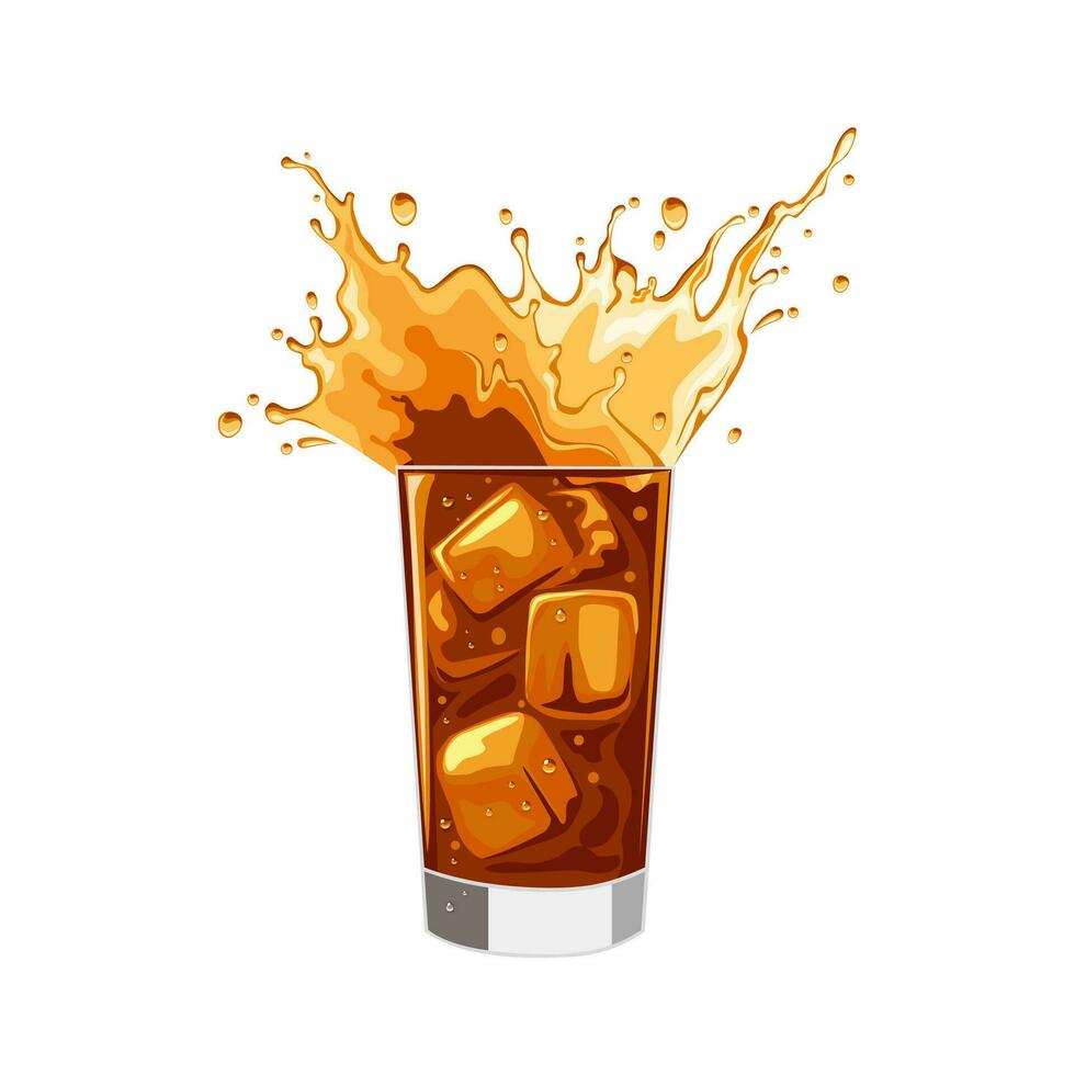 Vector illustration, glass of iced tea, with splashes, isolated on white background.