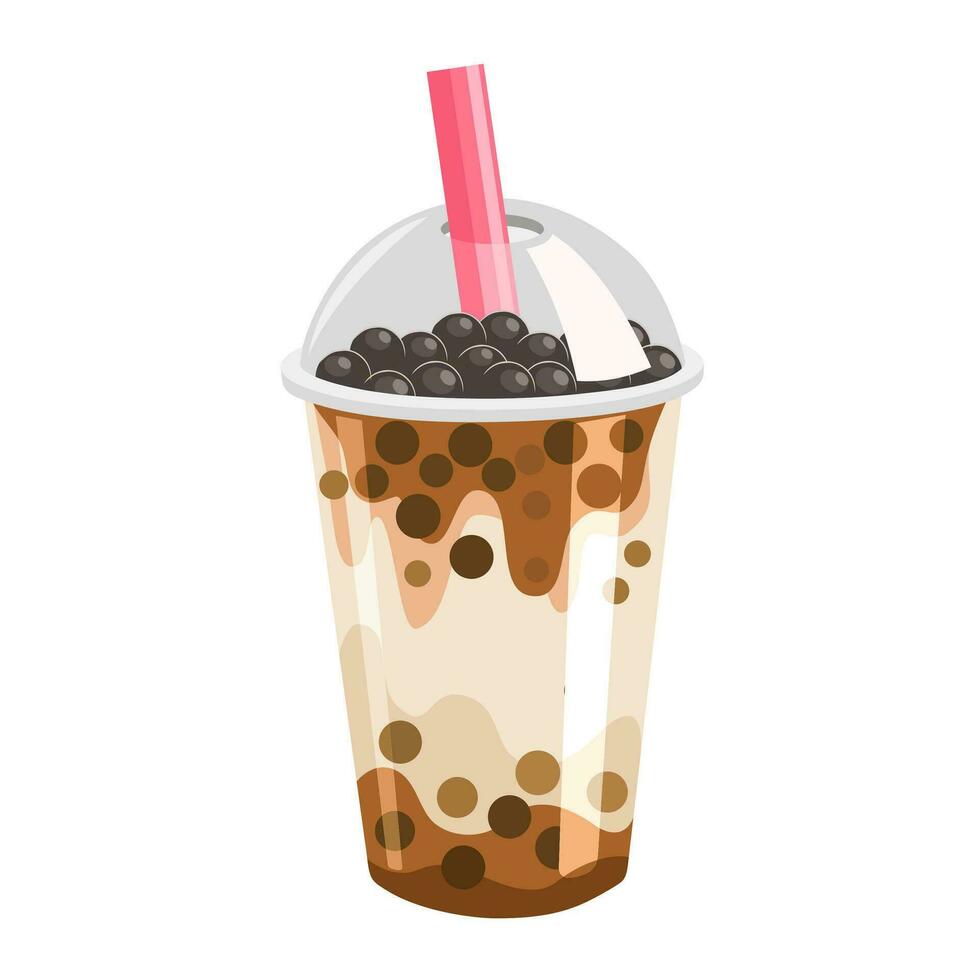 Vector illustration, bubble milk tea in a plastic cup, with black tapioca pearl topping, isolated on white background.