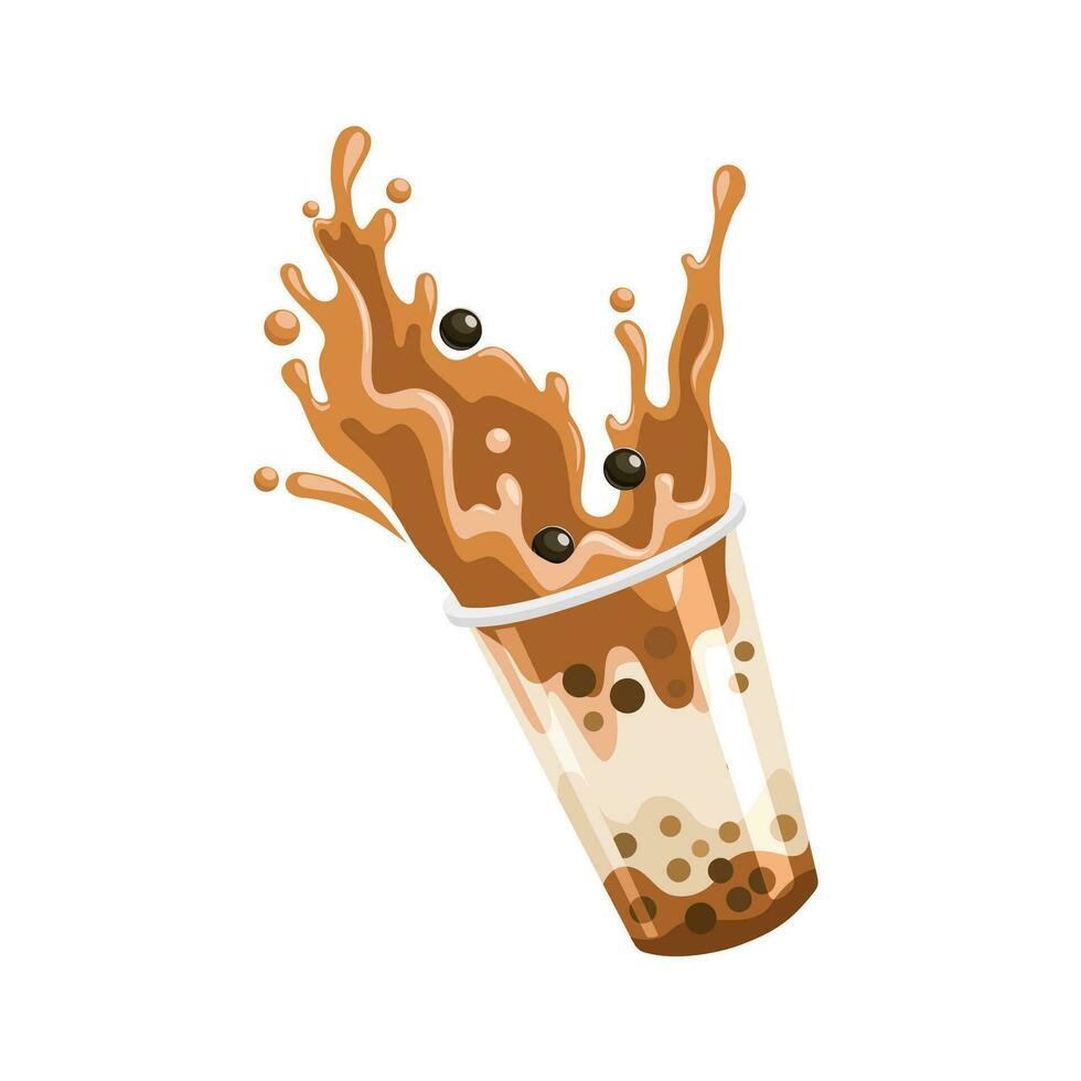 Vector illustration, bubble milk tea, with splashes and black tapioca pearls, isolated on white background.