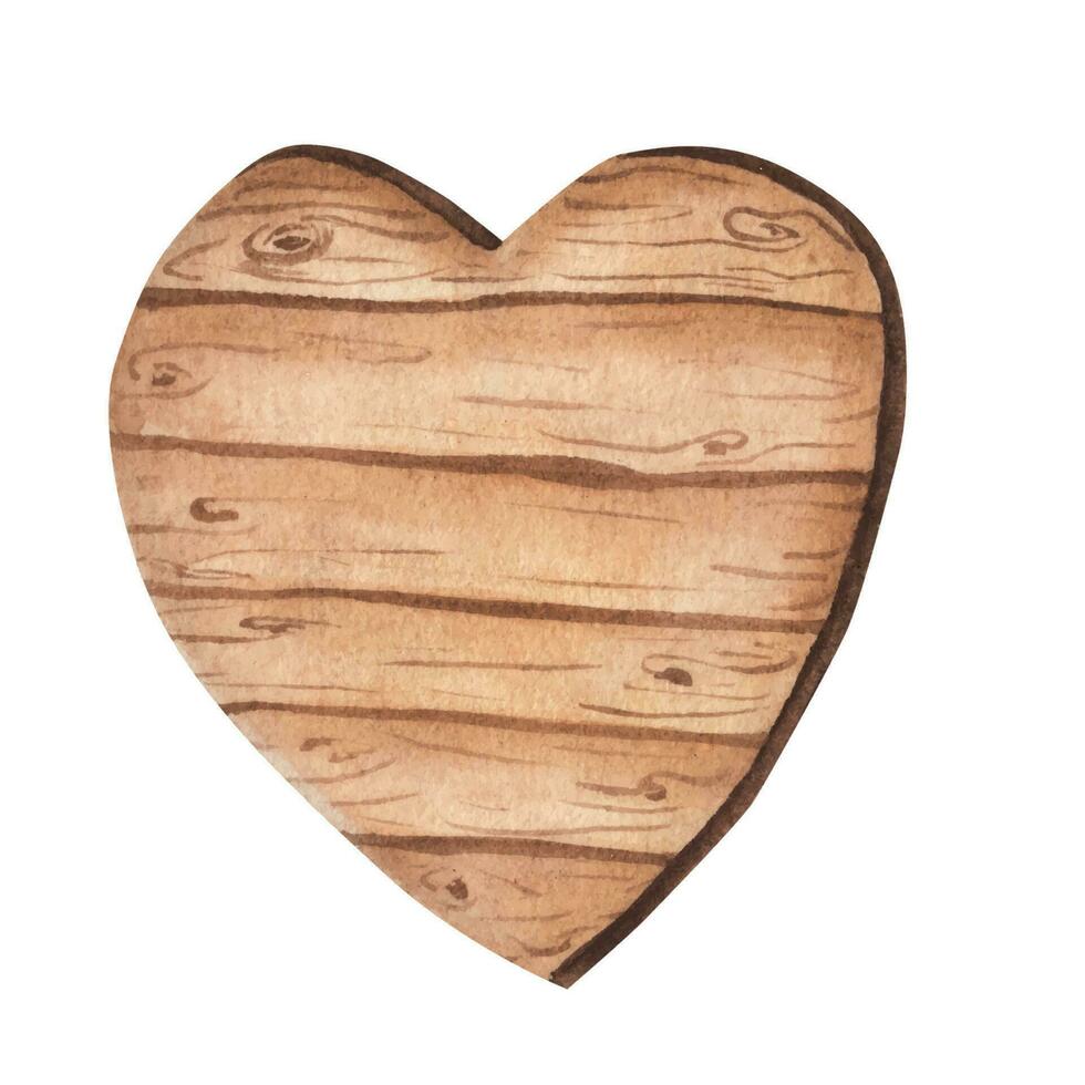 Wooden heart board, pointer, signboard. Watercolor illustration, rustic vector