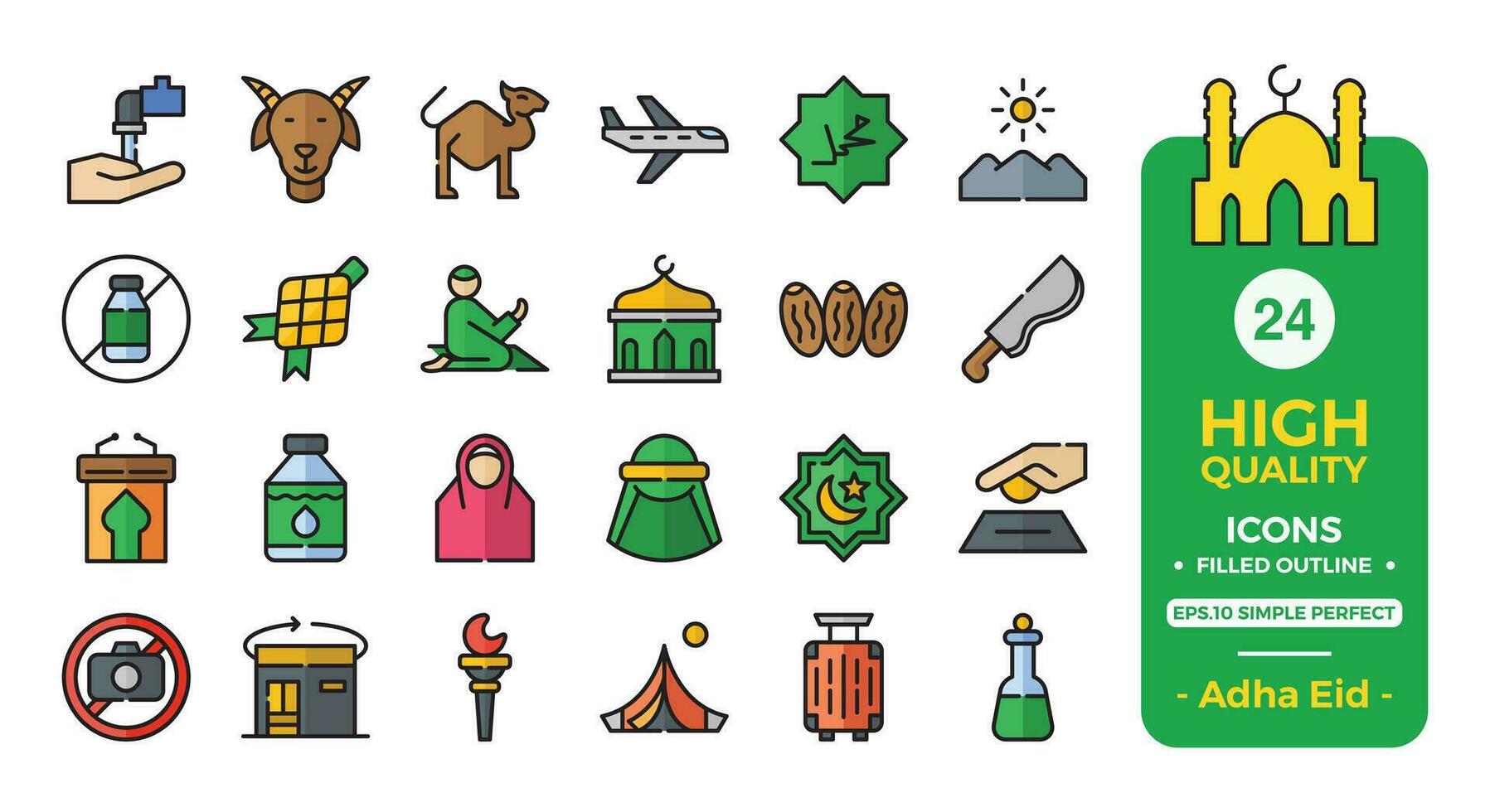 Eid Al Adha filled outline icon set . The collection includes web design, application design, UI design, during Eid Al Adha, Eid al Fitr, and others. vector
