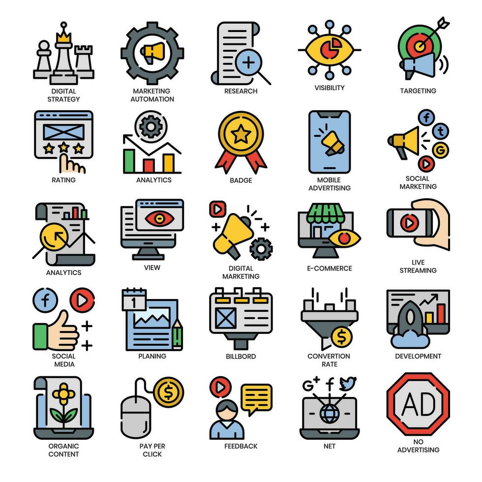 Digital marketings, filled outline and Pixel Perfect Icons set. vector