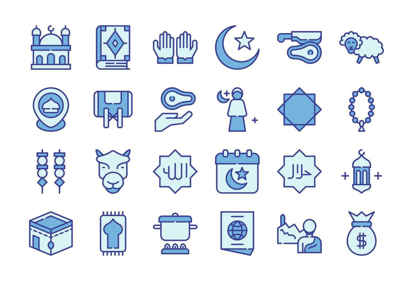 Eid Al Adha icon set blue color. The collection includes web design, application design, UI design, during Eid Al Adha, Eid al Fitr, and others. vector