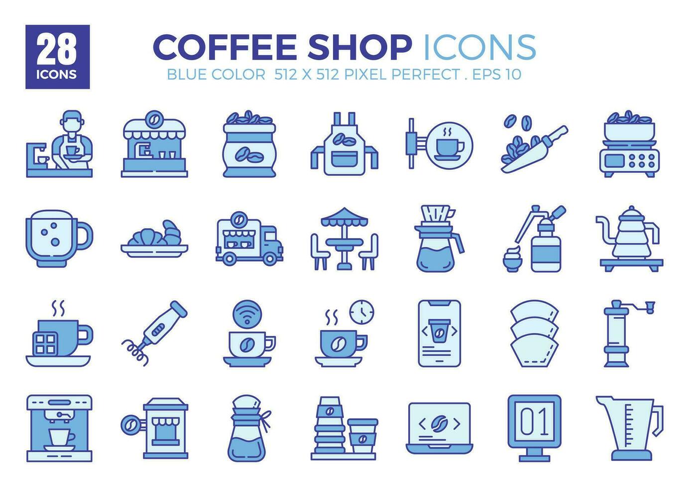 Coffee Shop blue color icons set. The collection includes icons of various aspects related to coffee shops, ranging from business and development to programming, web design, app design, and more vector