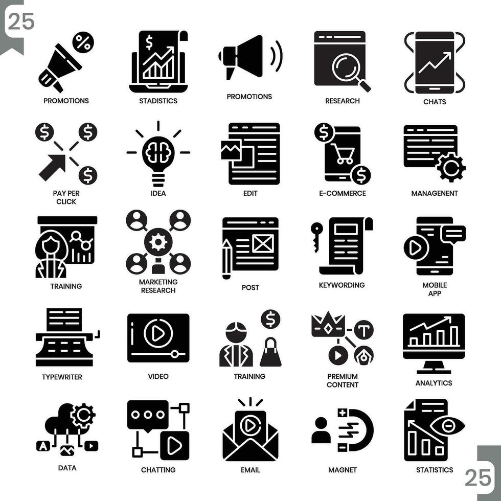 marketing and business glyph icons set vector