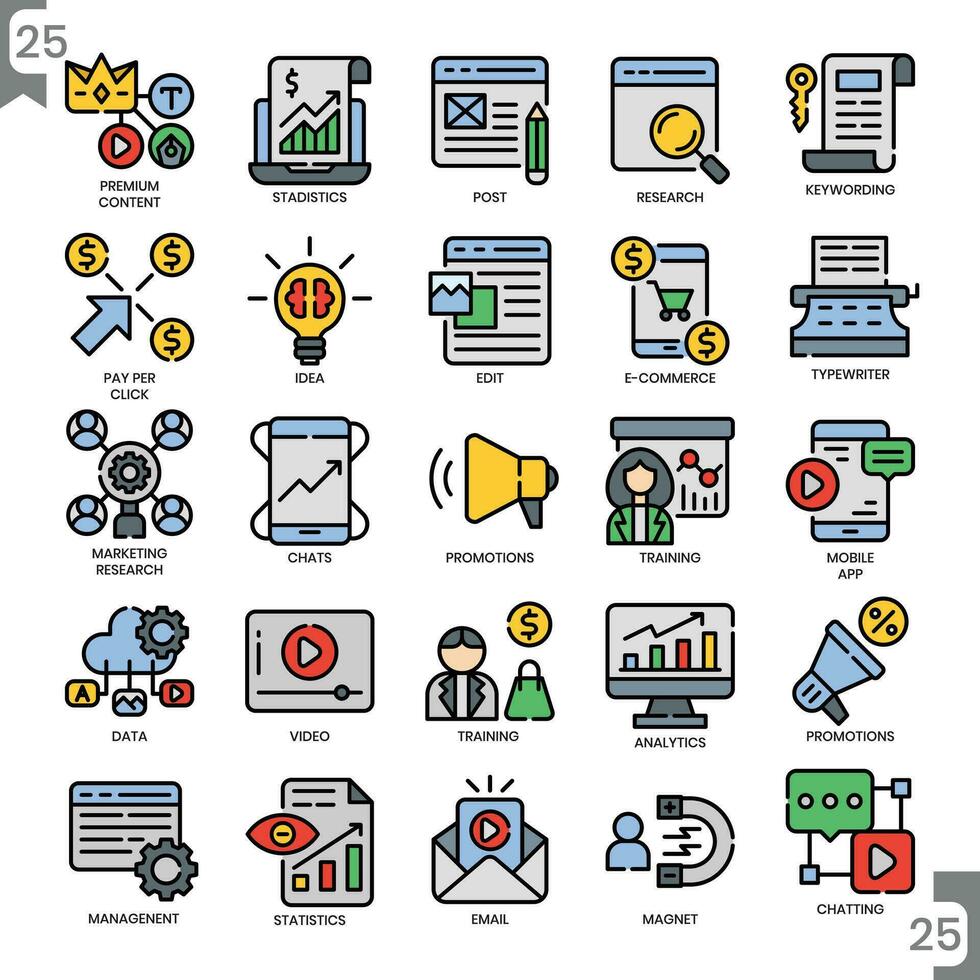 Digital marketing, filled outline and Pixel Perfect Icons set vector