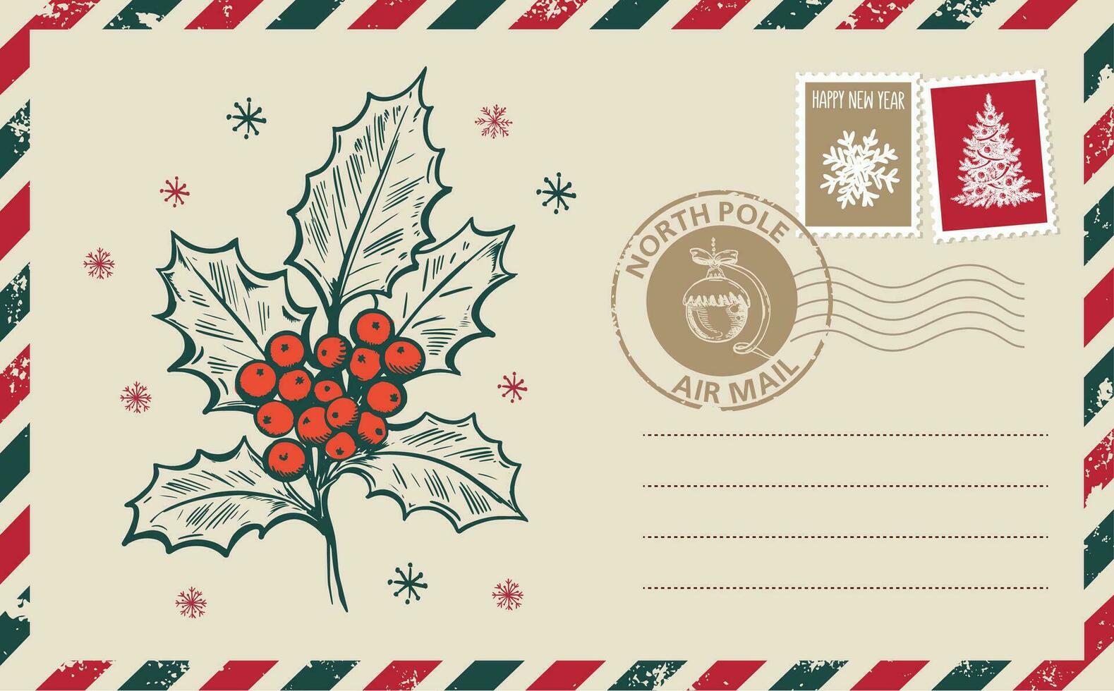 correo de navidad, postal, ilustración dibujada a mano. vector