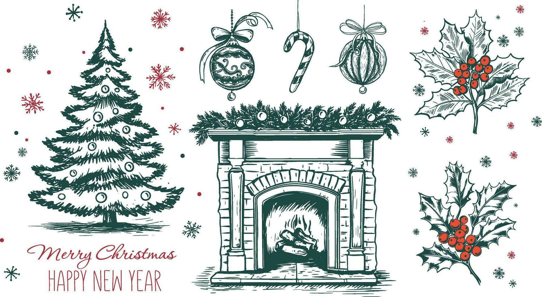 Christmas set in sketch style. Hand drawn illustration. vector