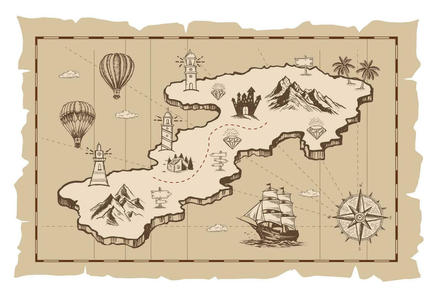 Old treasure map vector sketch. Hand drawn illustrations, vector.