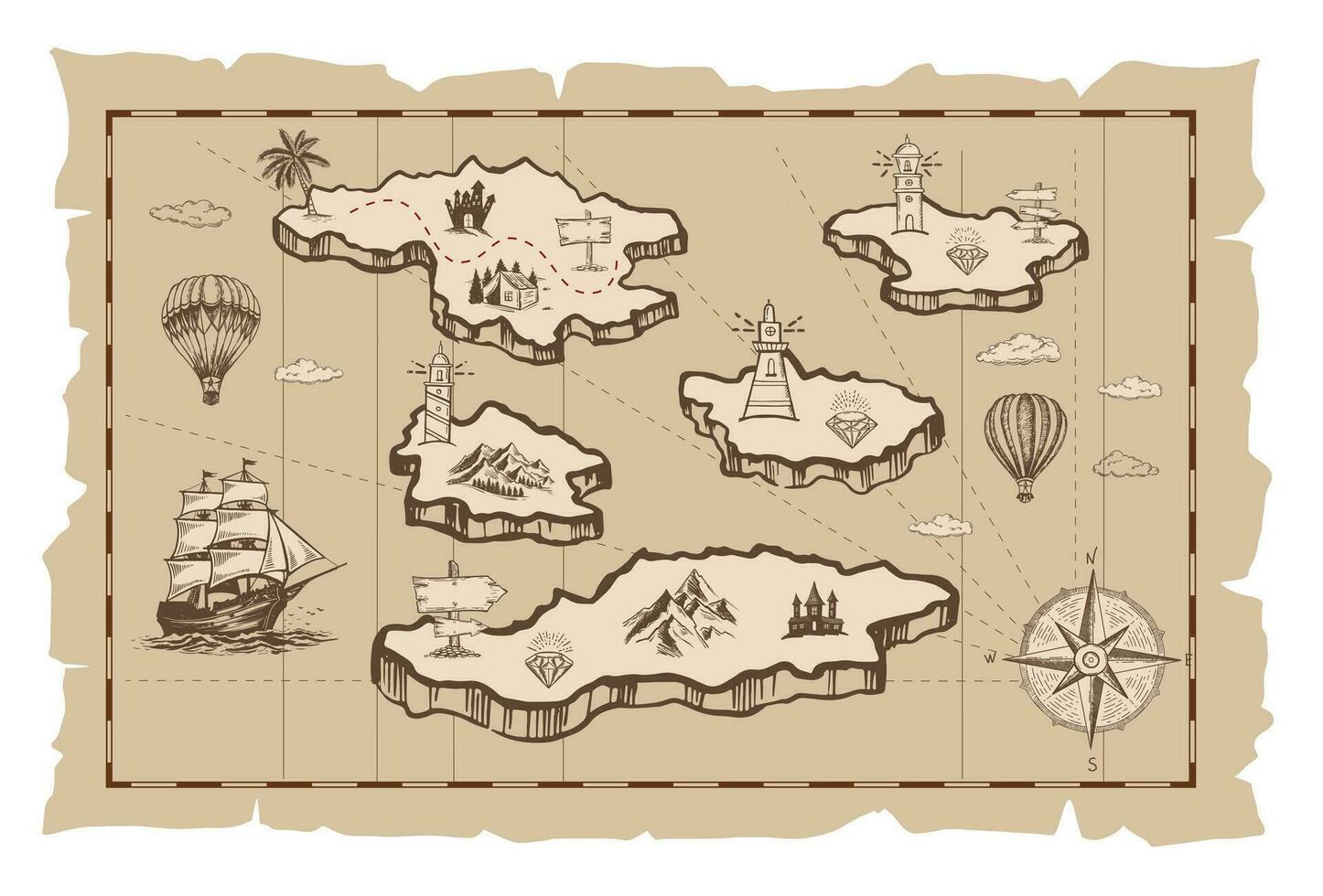 Old treasure map vector sketch. Hand drawn illustrations, vector.