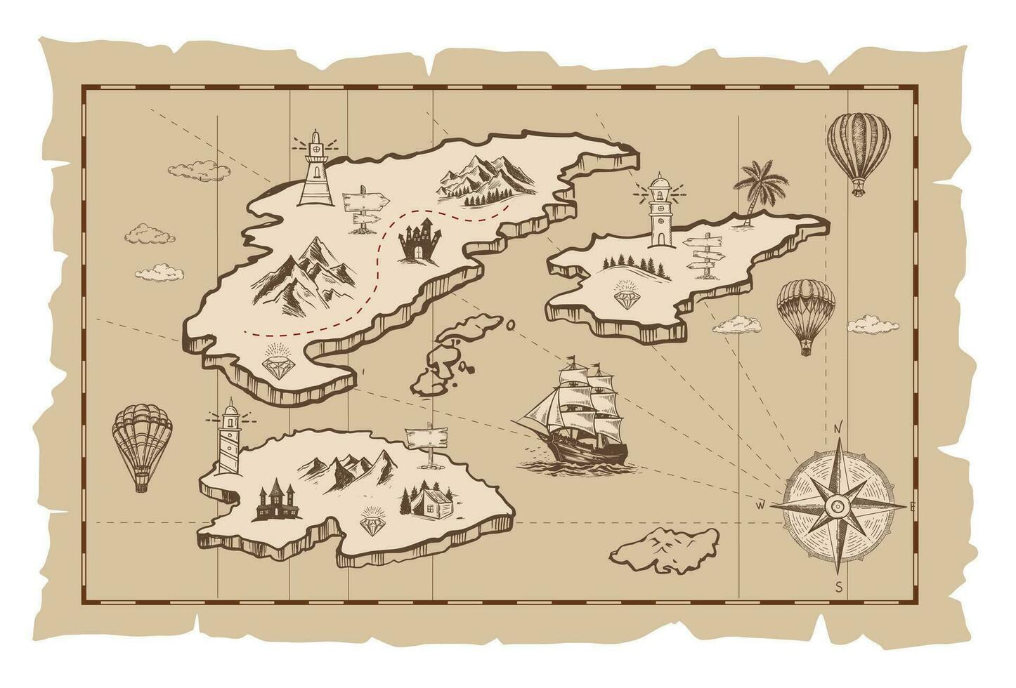 Old treasure map vector sketch. Hand drawn illustrations, vector.