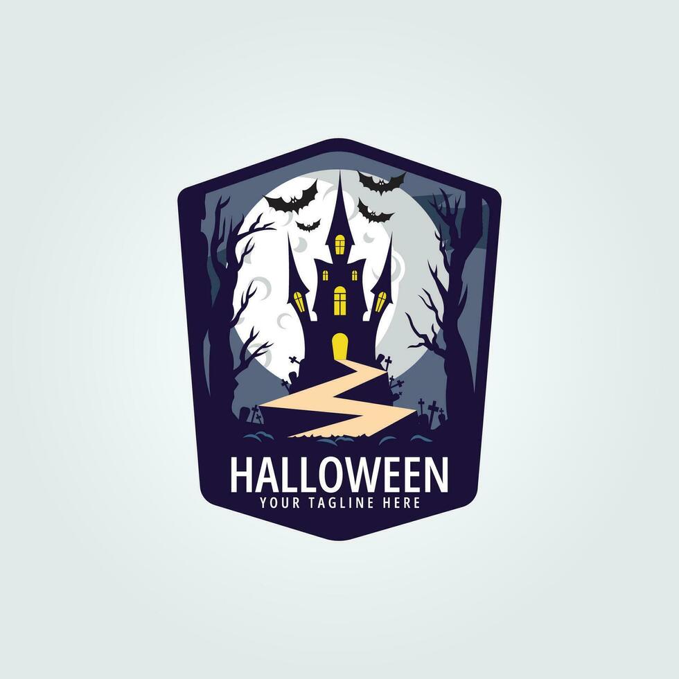 halloween logo icon design inspiration with bat, tree, road, moon and castle vector illustration