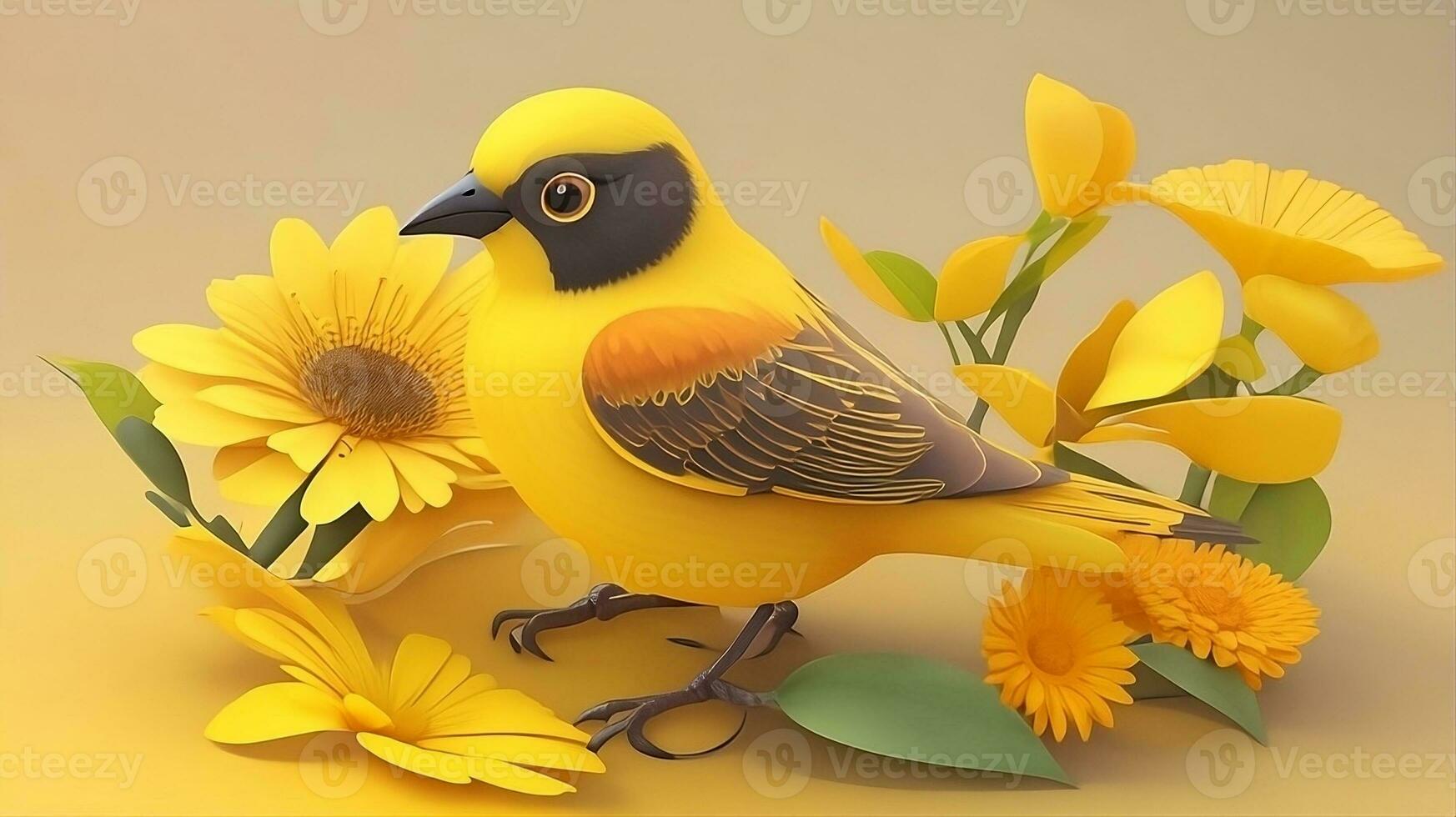 Vividly Abstracted, A 3D Styled Colorful Illustration Image with Birds and Flowers. AI Generated photo