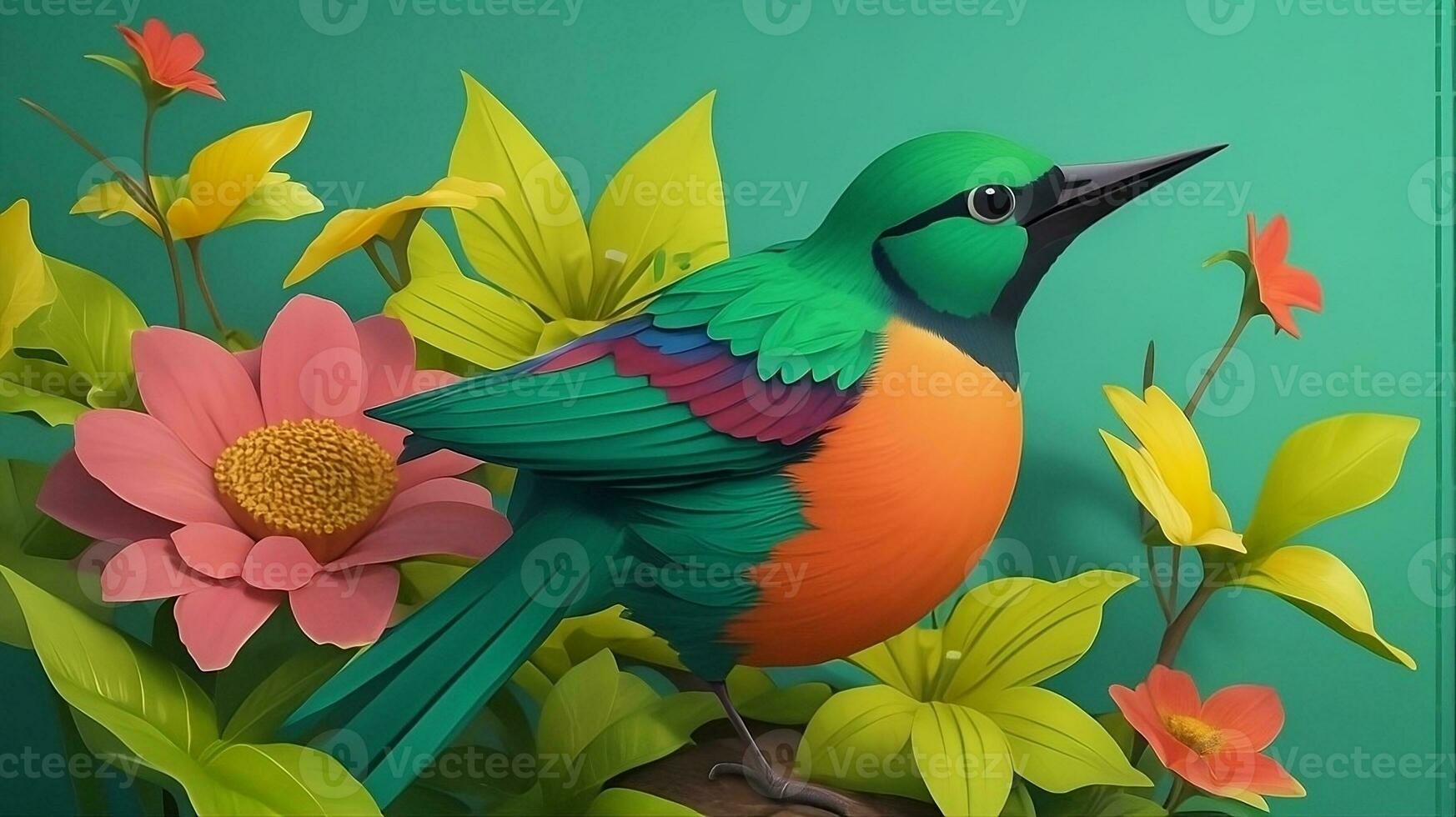 Vividly Abstracted, A 3D Styled Colorful Illustration Image with Birds and Flowers. AI Generated photo