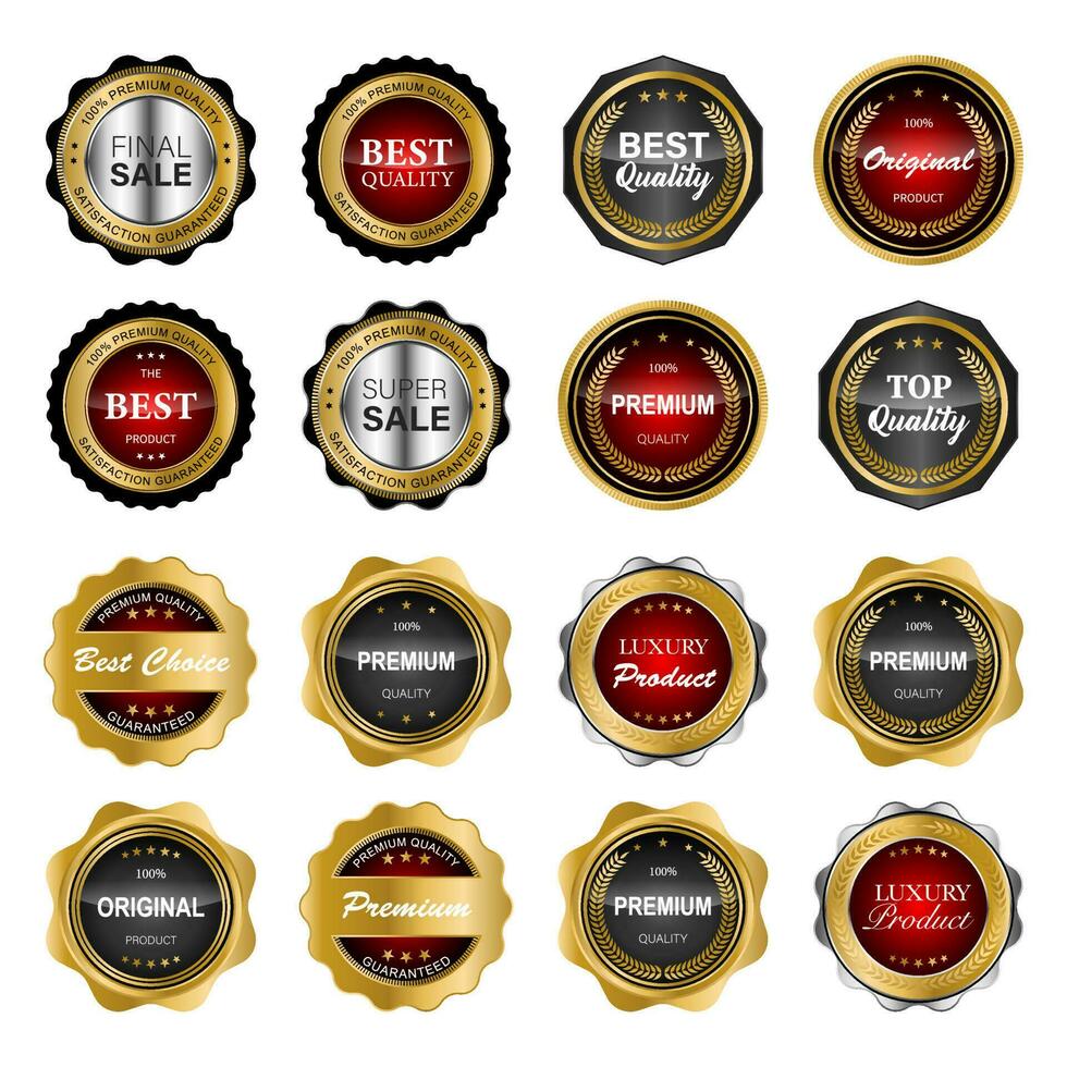 Golden badges and labels with golden ribbon vector collection .vector illustration