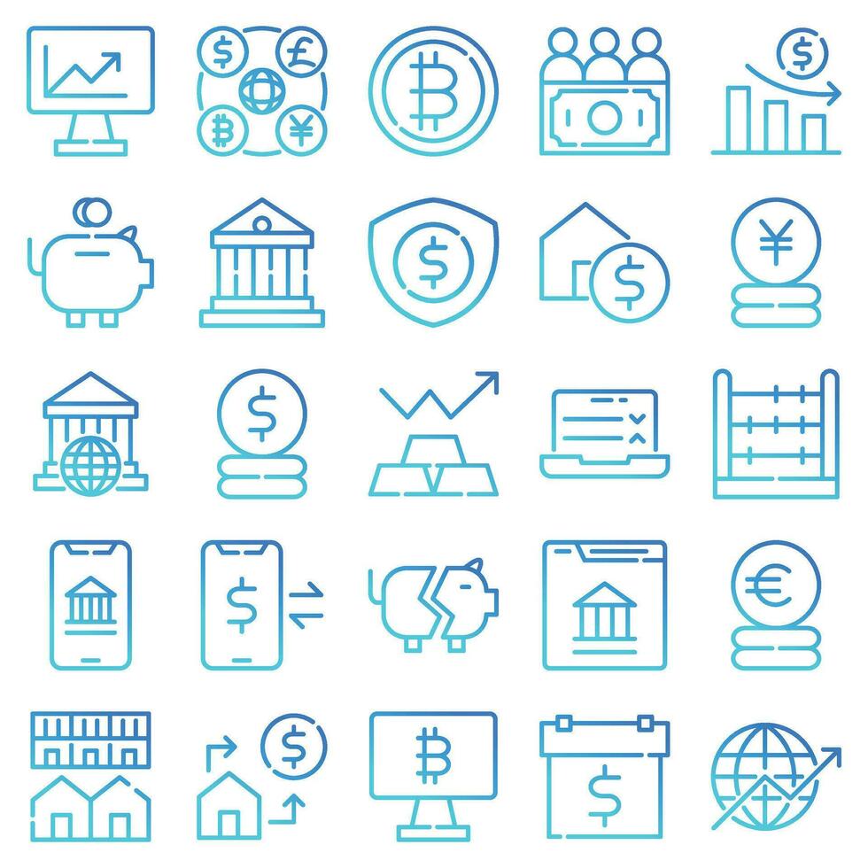 economy gradient outline icons set. The collection includes for mobile app,web design, UI or site design vector