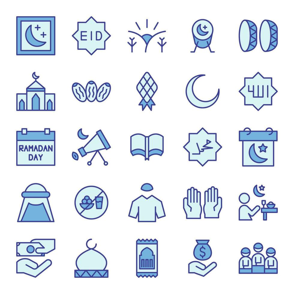 Ramadan icons set in blue colored outline style. The collection includes web design, application design, UI design, during Ramadan, Eid, and others. vector