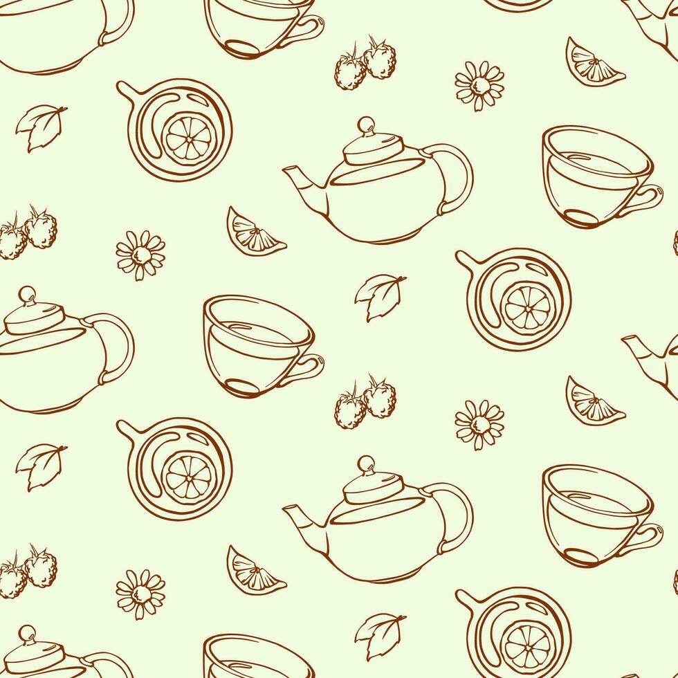 herbario té línea sin costura modelo. mano dibujado impresión diseño con contorno tetera, tazas, hojas, bayas, limón y manzanilla en beige antecedentes. vector