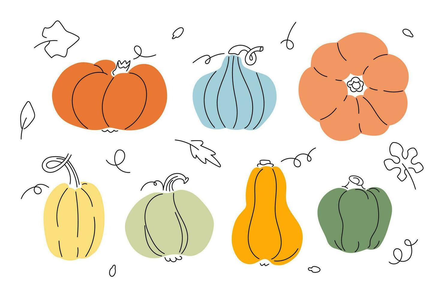 Pumpkins and leaves flat vector illustrations set. Collection of varios mixed style autumn color pumpkins with hand drawn decorative elements.