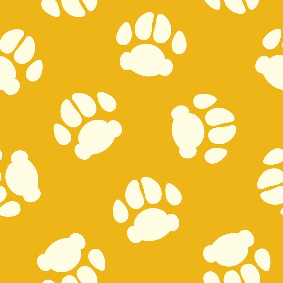 mascota pata huellas sin costura modelo con blanco perro pistas en amarillo antecedentes. vector impresión diseño.