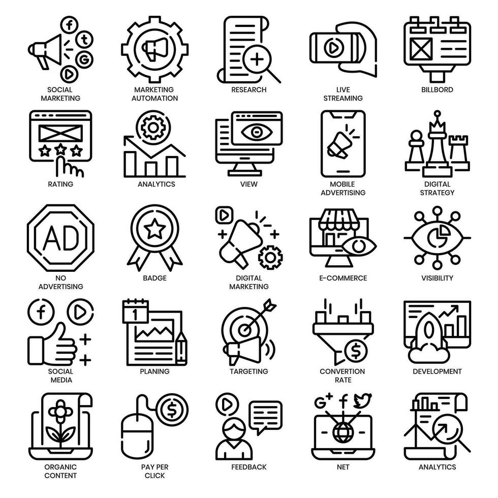 Digital marketings, thin outline icon set, and Pixel Perfect Icons set. vector