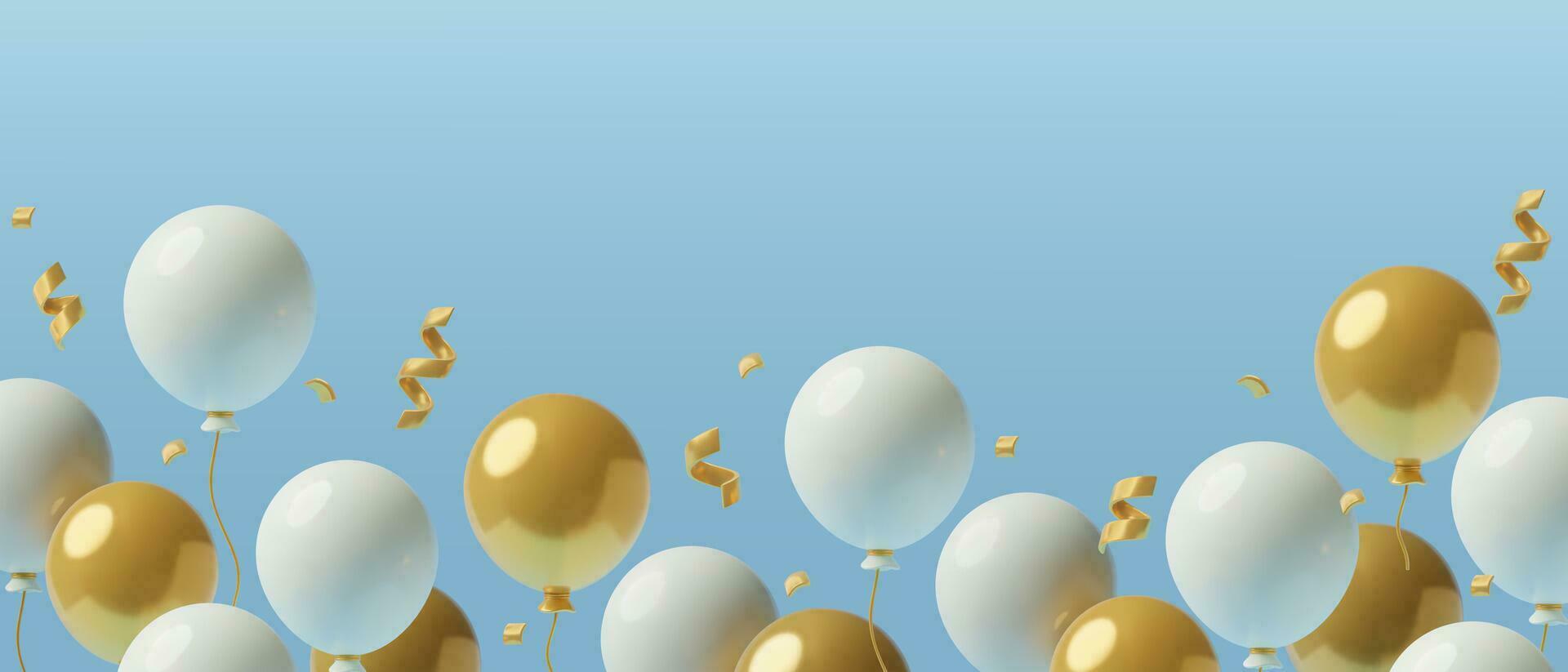 3d realistic balloons on blue background with copy space. White and golden festive birthday party celebration horizontal vector banner design.