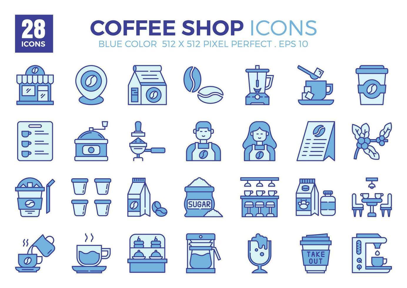 Icon packs of Coffee Shop blue colored outline. The collection includes icons of various aspects related to coffee shops, ranging from business and development to programming, web design, app design. vector