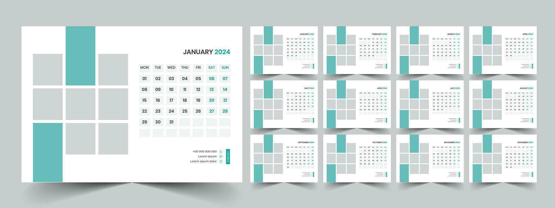 Calendar 2024 planner corporate template design set. Week starts on Monday. template for annual calendar 2024 vector