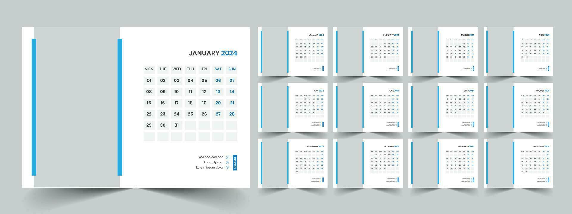 calendario 2024 planificador corporativo modelo diseño colocar. semana empieza en lunes. modelo para anual calendario 2024 vector