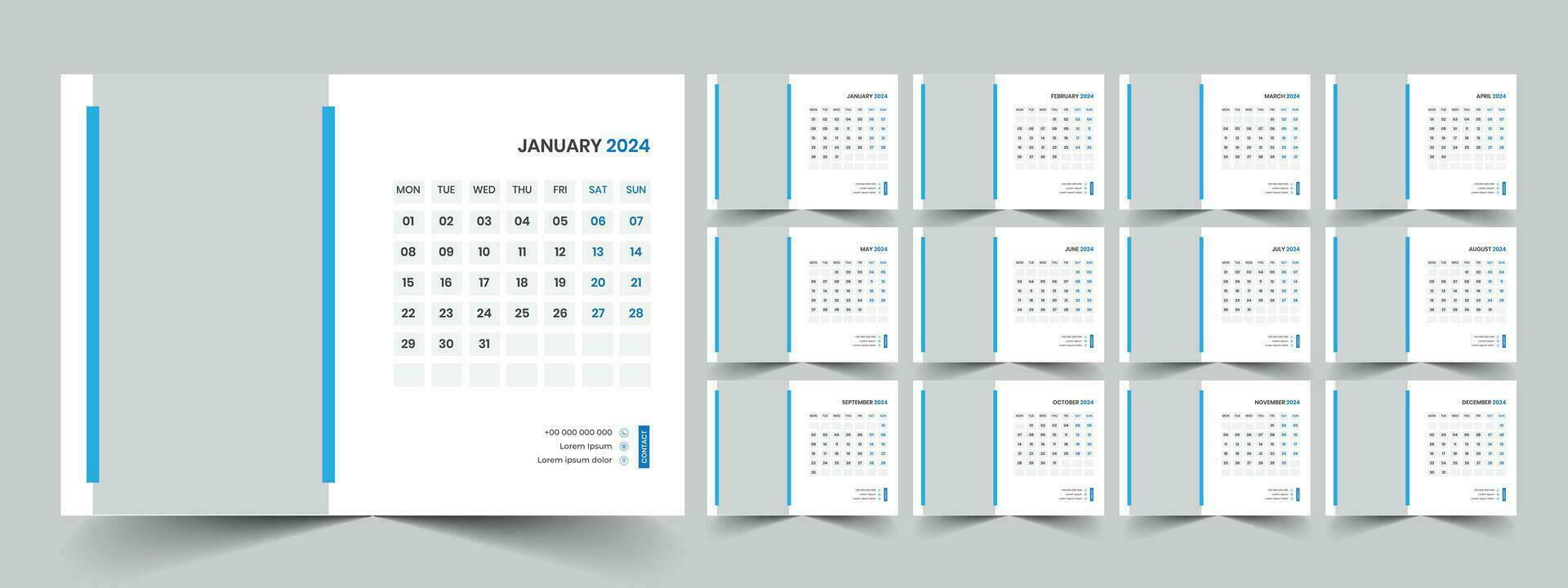 Calendar 2024 planner corporate template design set. Week starts on Monday. template for annual calendar 2024 vector