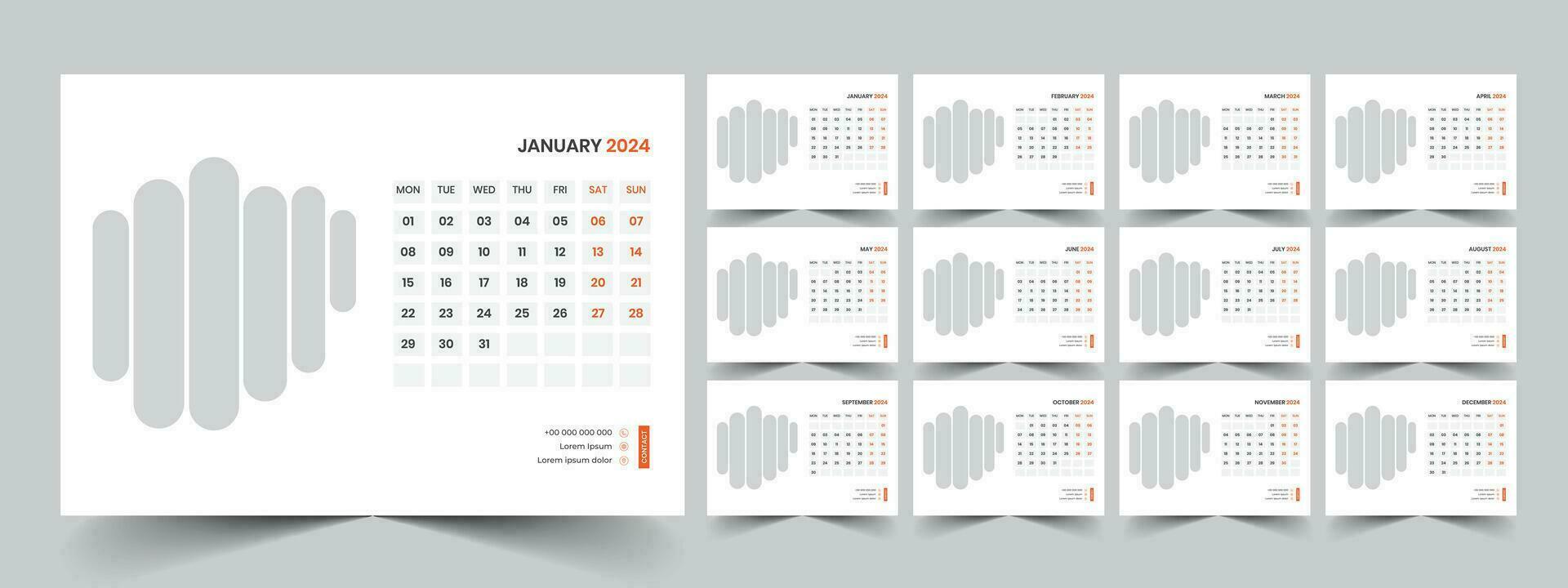 Calendar 2024 planner corporate template design set. Week starts on Monday. template for annual calendar 2024 vector