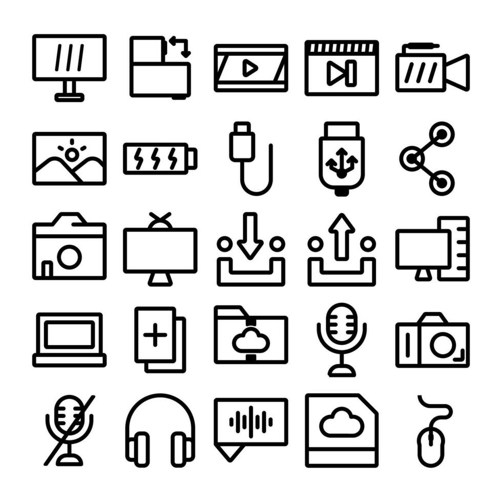Multimedia themed outline icon set suitable for various design projects vector