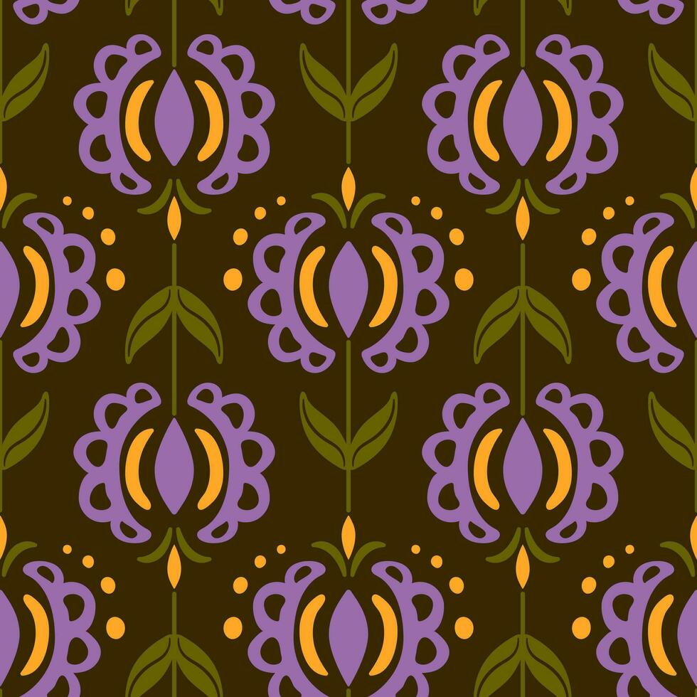 Flowers in Scandinavian or Slavic style. Vector botanical illustration. Seamless pattern in earthy tones. For wallpaper, printing on fabric, wrapping, background.
