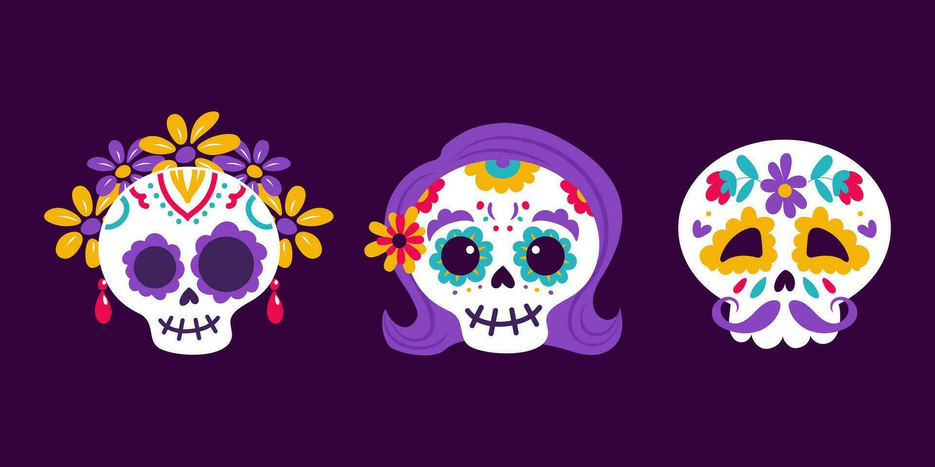 Day of the Dead. Dia de Muertos. A set of festive skulls decorated with flowers and drawings. Earrings, wreath, mustache. Catrina, the garbancera skull, the festive skeleton. Vintage style. vector