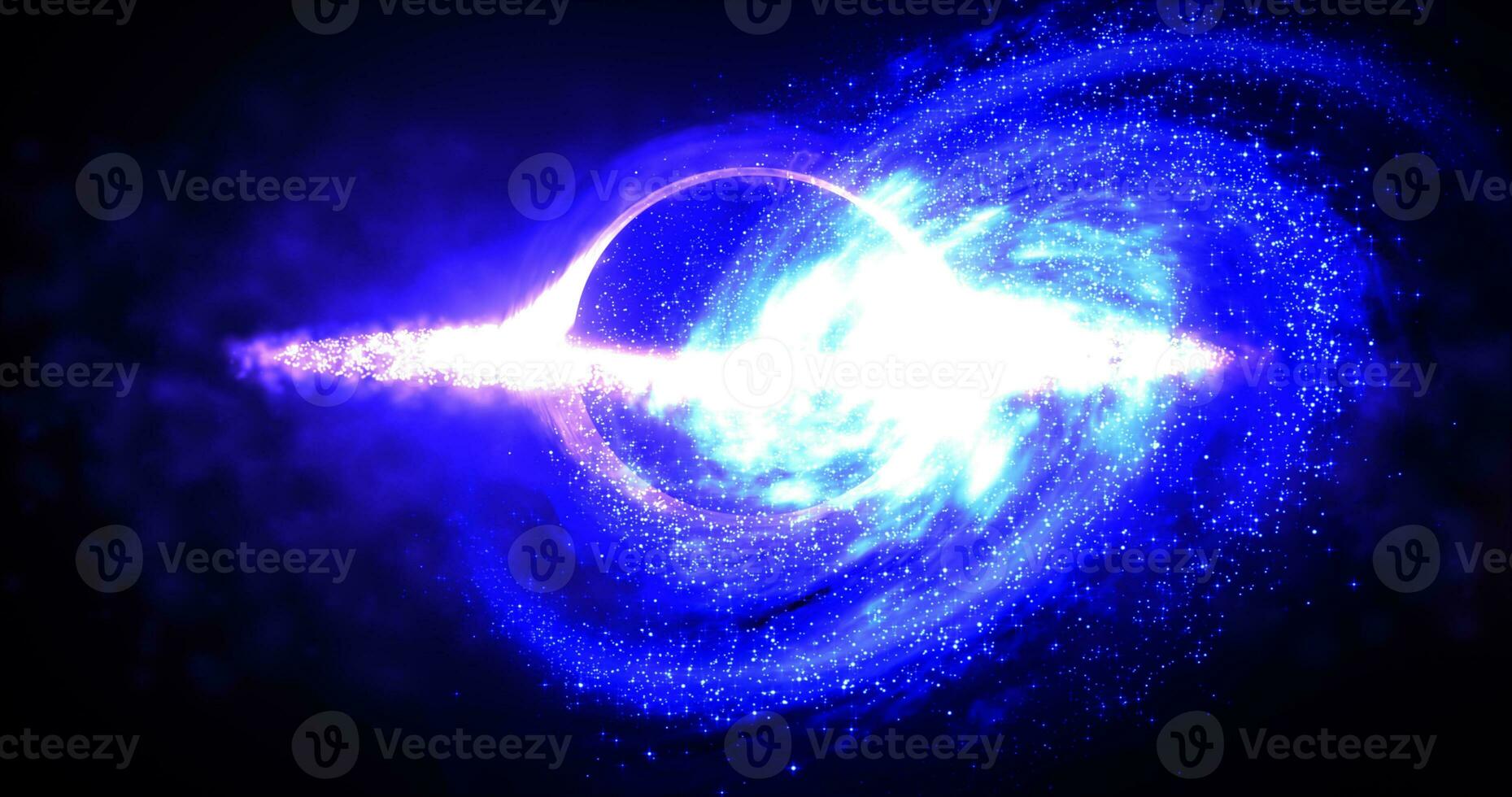 Bright black hole in open space with spinning energy particles, cosmic sphere in blue and purple color glowing abstract background photo