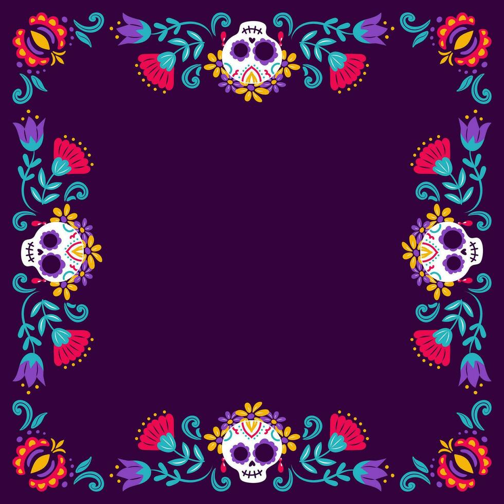 Day of the Dead. Dia de Muertos. Square frame Catrina, the garbancera skull, the elegant calaca, festive skeleton. Vector illustration in vintage style. For posters, postcards, banners, design.