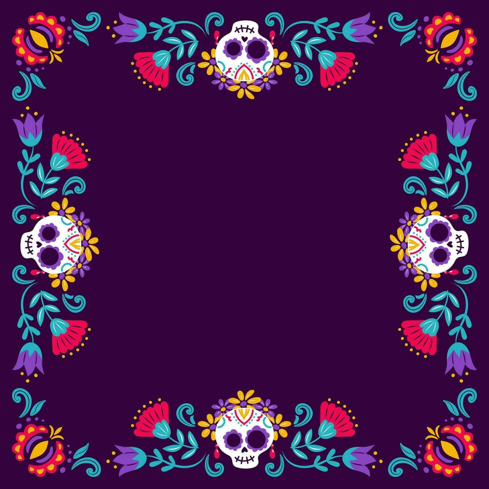 Day of the Dead. Dia de Muertos. Square frame Catrina, the garbancera skull, the elegant calaca, festive skeleton. Vector illustration in vintage style. For posters, postcards, banners, design.