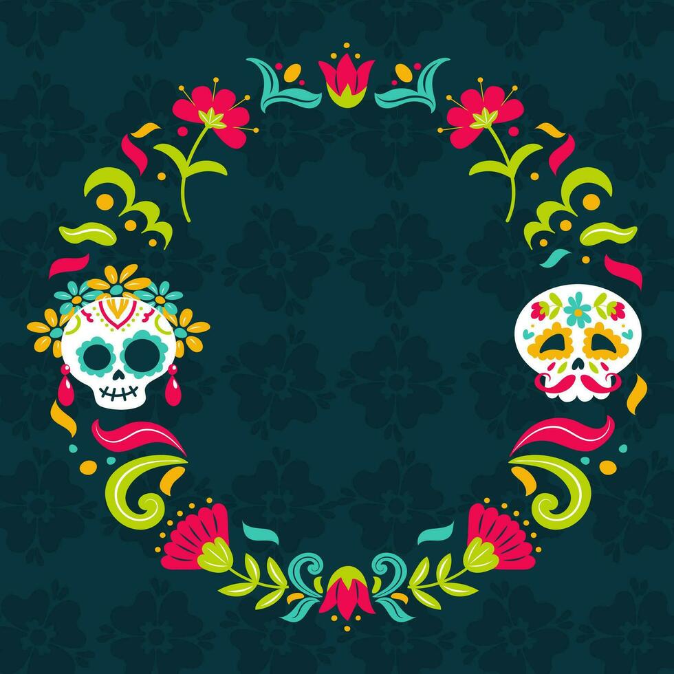 Day of the Dead. Dia de Muertos. Round frame, wreath. Catrina, the garbancera skull, festive skeleton, the bony dancer. Vector illustration in vintage style. For posters, postcards, banners, design.