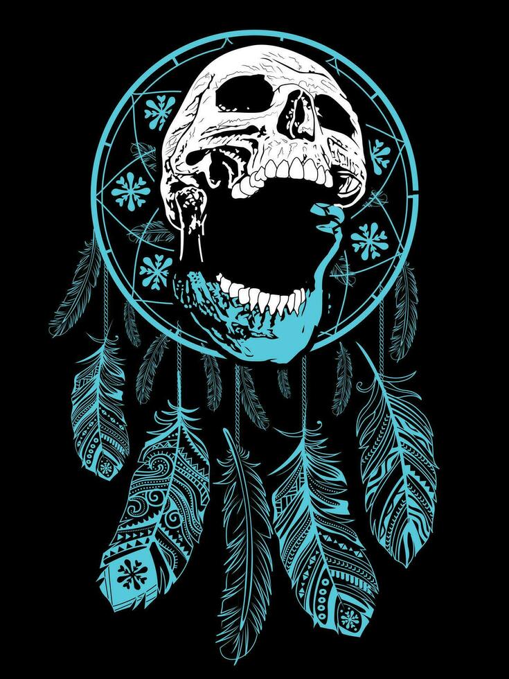 Skull t-shirt design with dream catcher on black background. vector