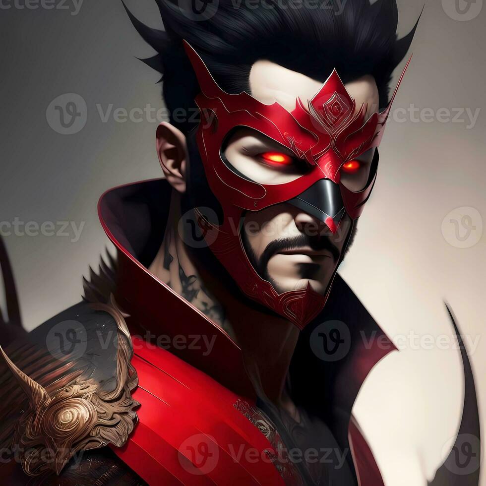 Man With Glowing Red Eyes Wearing A Red Mask. Generative AI photo