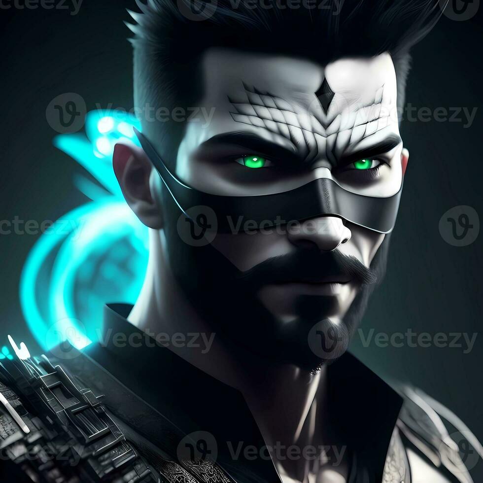 Man With Glowing Green Eyes Wearing A Black Mask. Generative AI photo